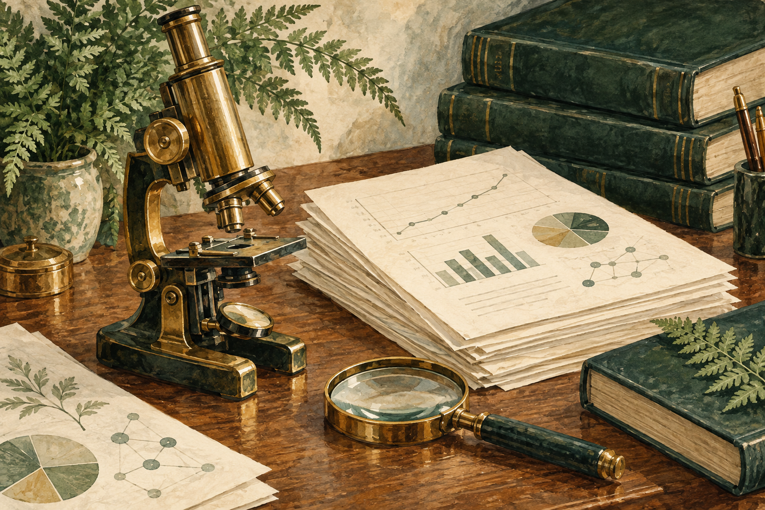 Illustration of a brass microscope, research papers, and scholarly books.