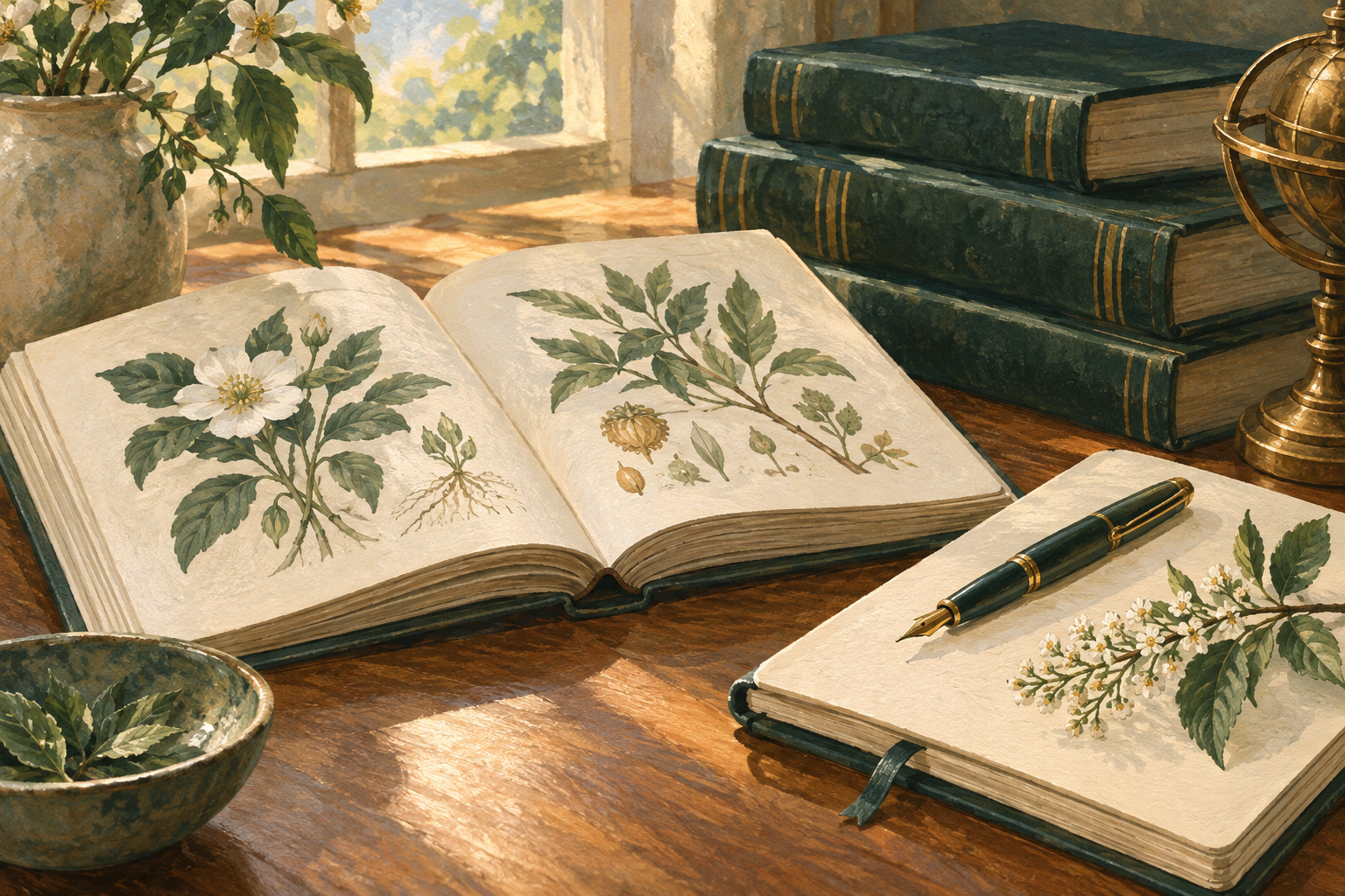 Illustration of botanical study books, a notebook, and a fountain pen.